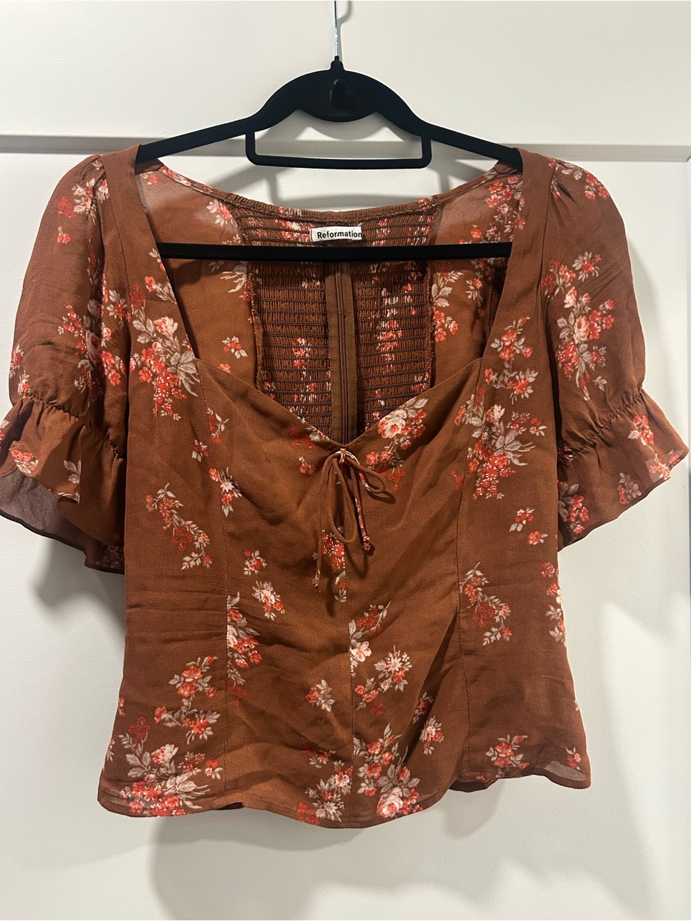 Reformation Rust Brown Floral Tie-Front Peasant Top